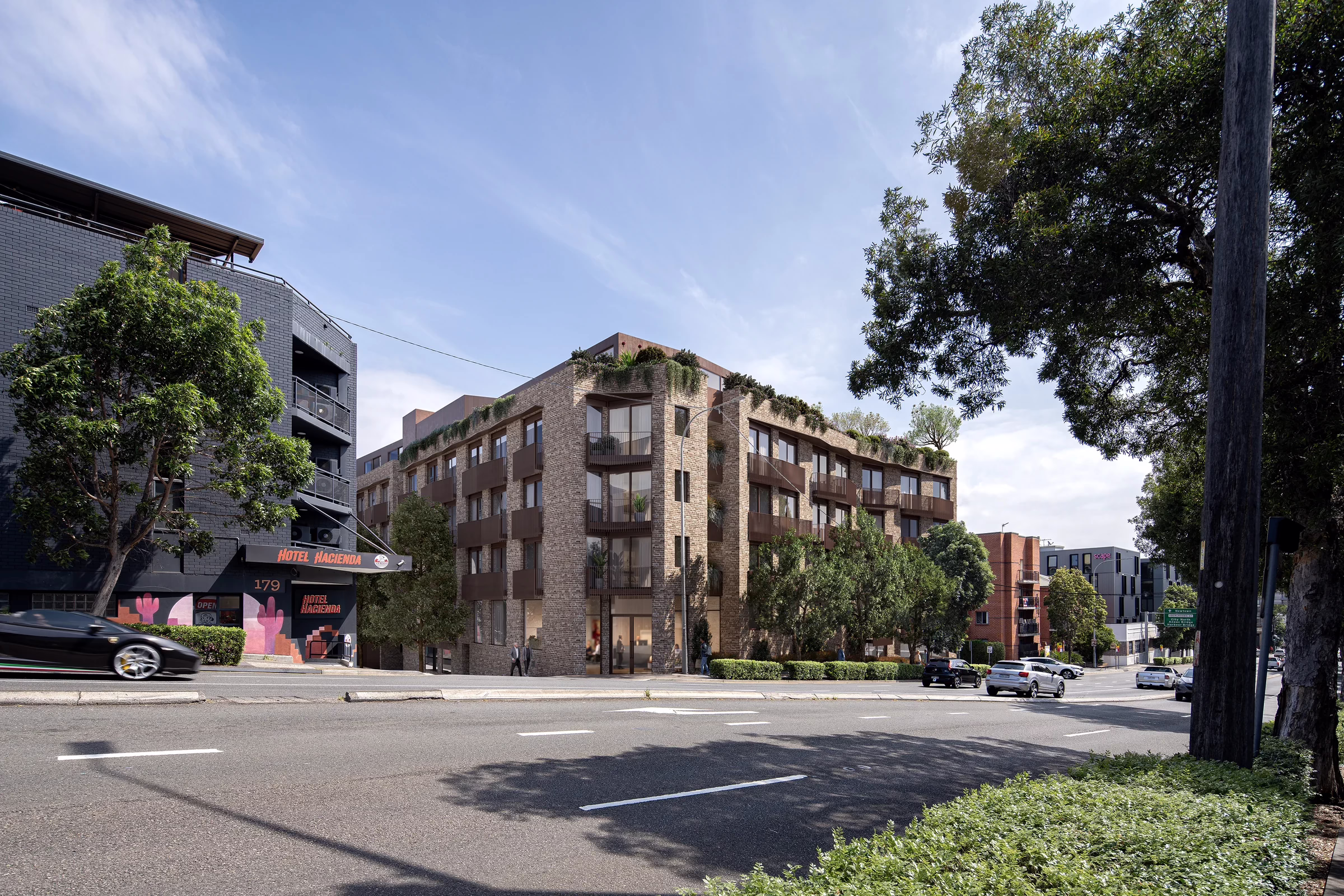 CGI by Binyan Studios of Scape Eveleigh from Cleveland Street, showing brick façades, metal balconies and rooftop planting