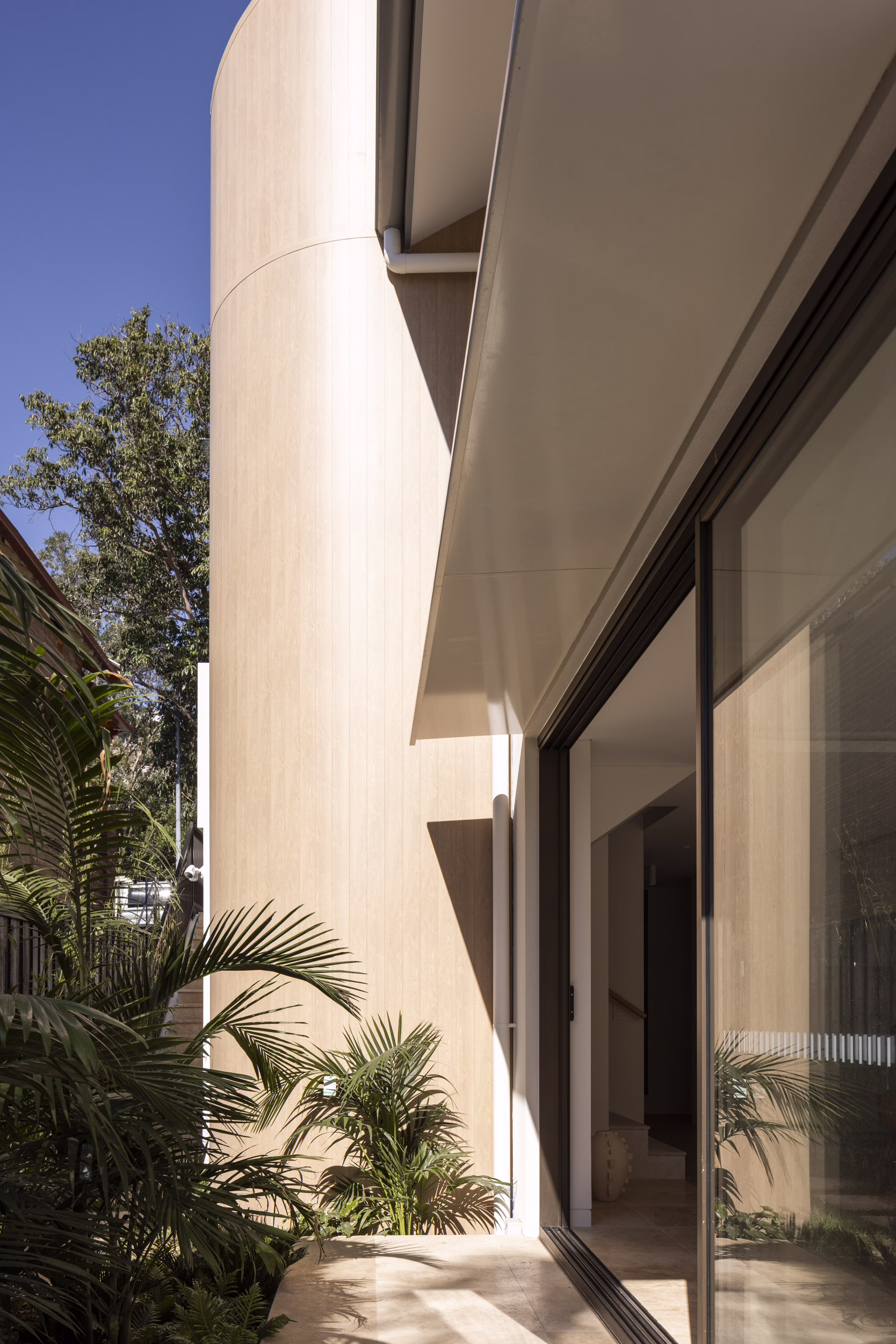 Curved exterior cladding beside sliding glass doors and a narrow planted courtyard at Edward Street House
