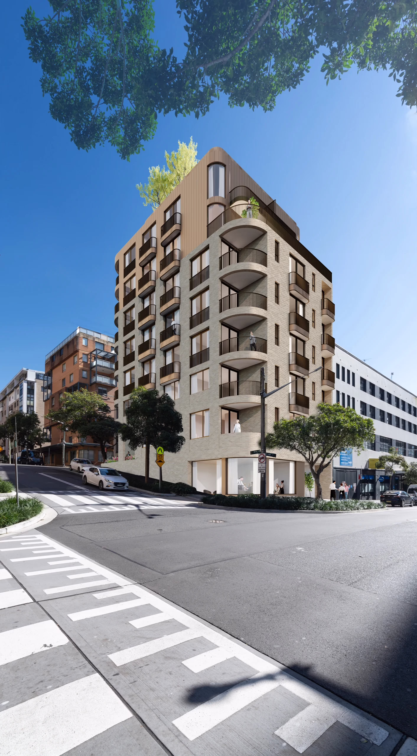 CGI of the Murray and Bunn Street corner at Murray Street Co-living, Pyrmont, with pale brick walls, curved balconies and bronze-toned cladding