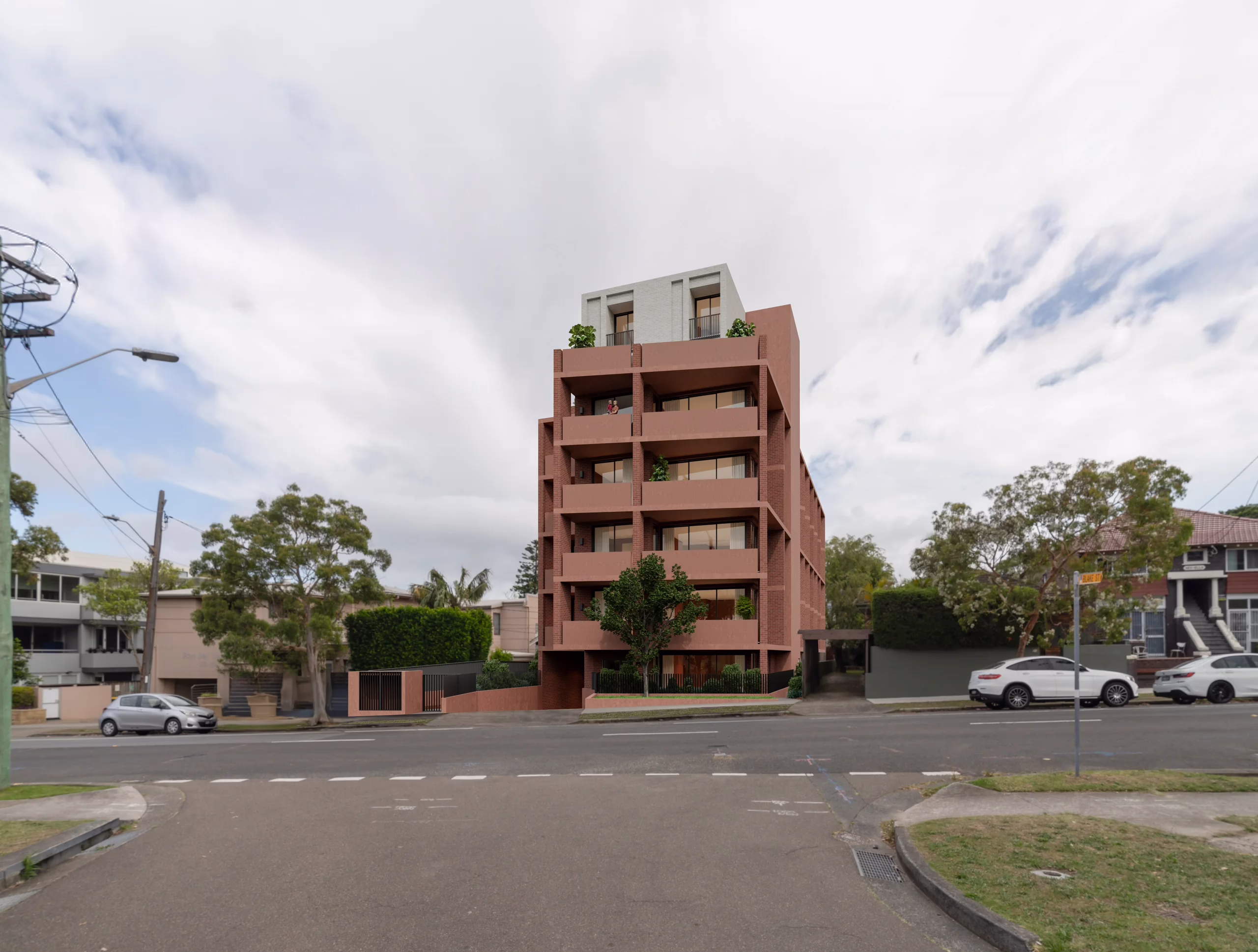 Rose Bay LMR — Old South Head Road exterior visualisation Architectural visualisation of Rose Bay LMR on Old South Head Road, showing a red brick apartment building with recessed balconies, a pale upper level and landscaped street frontage